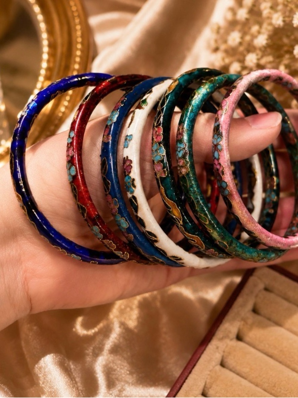 Floral Cloisonné Enamel Bangle Set Bracelet - Pink, Blue, Red, White, Green